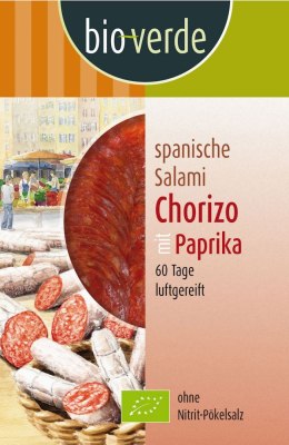 SALAMI CHORIZO Z PAPRYKĄ PLASTRY BIO 80 g - BIO-VERDE BIO-VERDE (oliwki, sery, makarony, przystawki)
