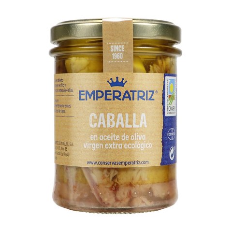MAKRELA FILETY W BIO OLIWIE Z OLIWEK EXTRA VIRGIN 190 g (SŁOIK) - EMPERATRIZ EMPERATRIZ (tuńczyki, sardynki, makrele) MAKRELA FILETY W BIO OLIWIE Z OLIWEK EXTRA VIRGIN 190 g (SŁOIK) - EMPERATRIZ EMPERATRIZ (tuńczyki, sardynki, makrele)