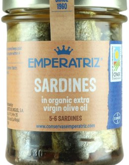 SARDYNKI EUROPEJSKIE W BIO OLIWIE Z OLIWEK EXTRA VIRGIN 190 g (SŁOIK) - EMPERATRIZ EMPERATRIZ (tuńczyk, sardynki, makrela)